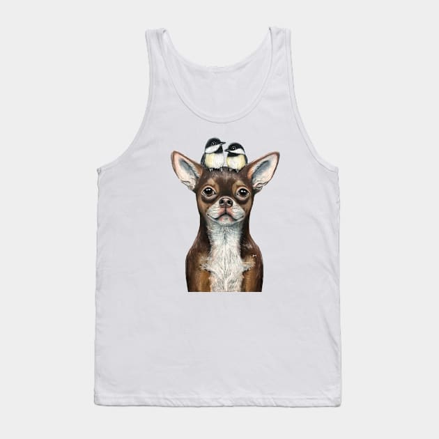 "Chihuahua & Chickadees" - Topped Dogs collection Tank Top by GardenPartyArt